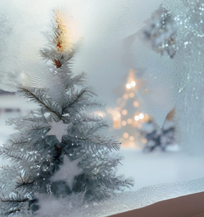 snowy, holiday outdoors from close-up view in a window