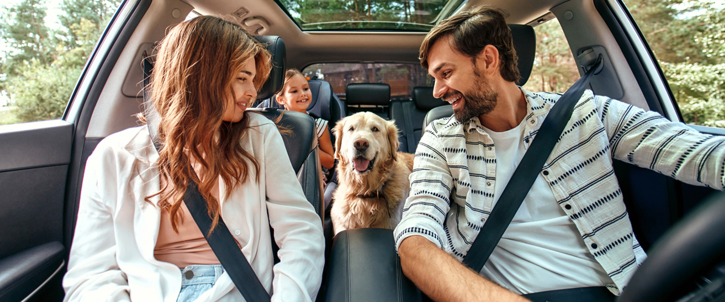 happy family with their dog in a car